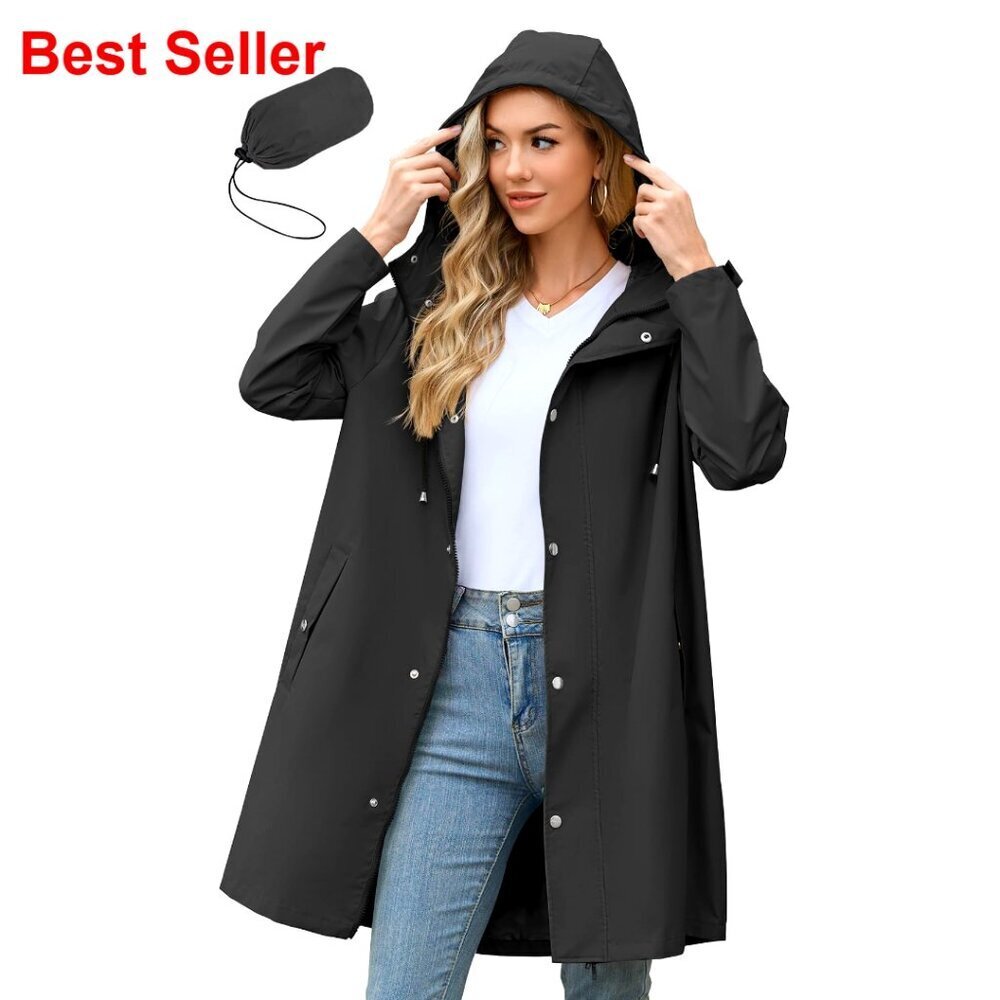 Long Packable Rain Jacket Waterproof Lightweight Windbreaker with Hood